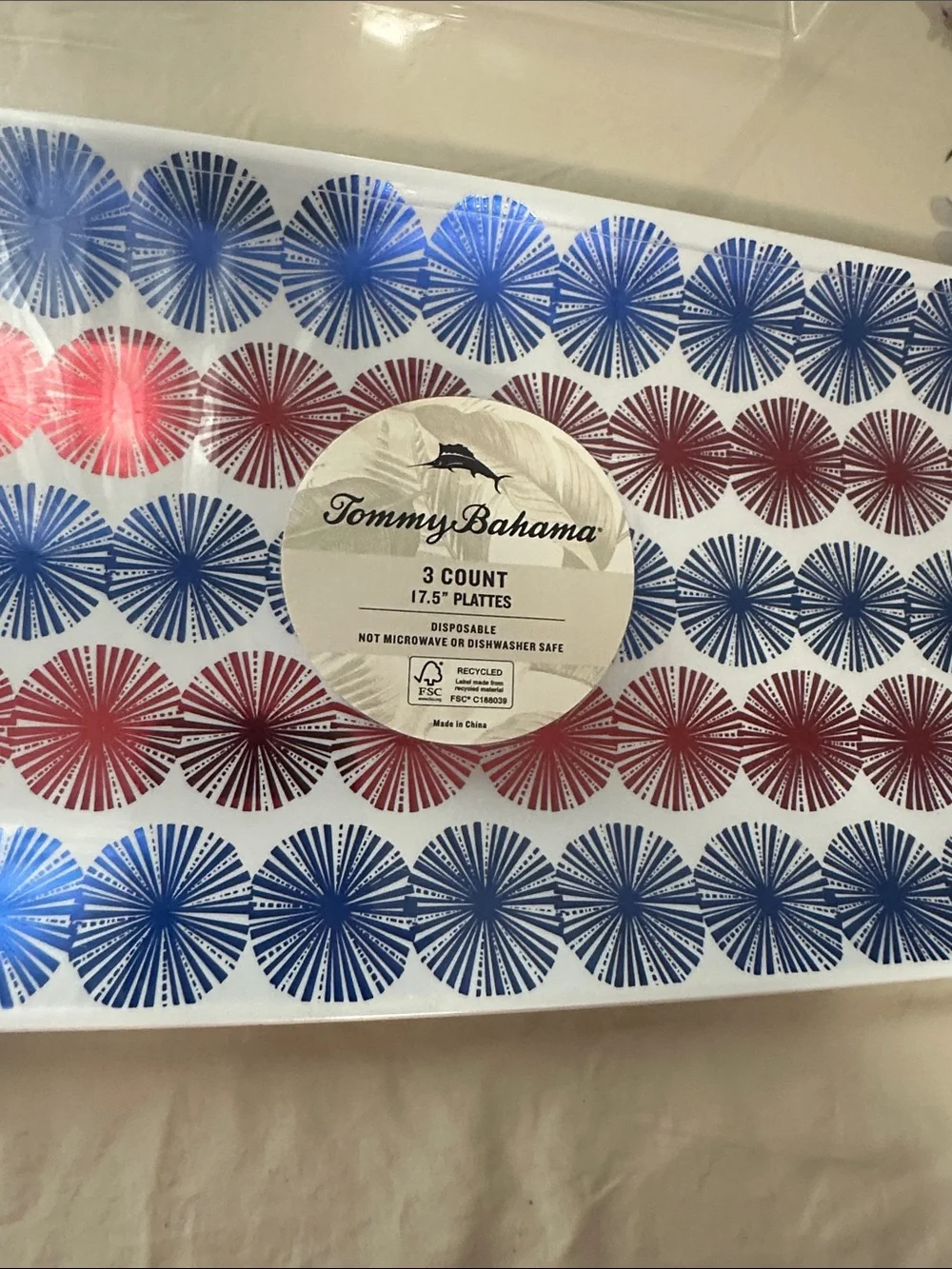 Set of 3 Tommy Bahama Rectangular Tray with Blue and Red Starburst Motif NWT
